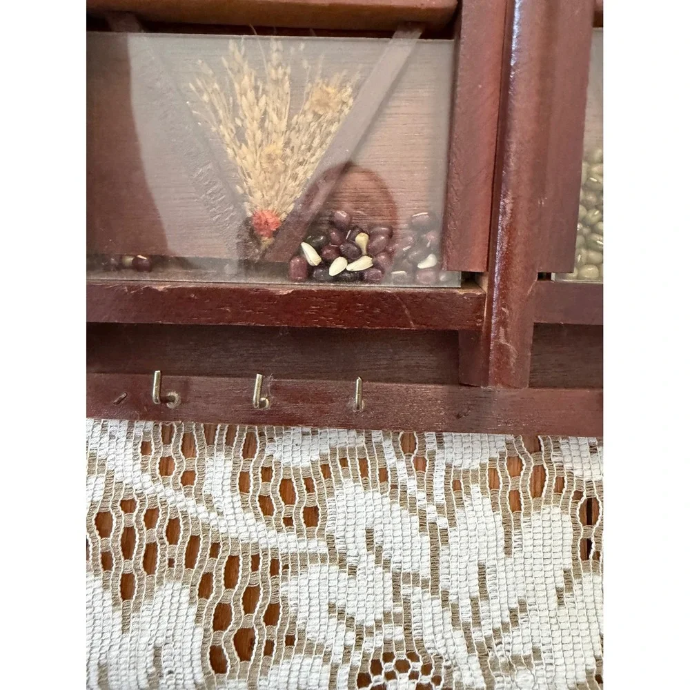 Vintage Wooden Wall Mail Organizer Key Rack Shadow Box Dried Wheat Beans